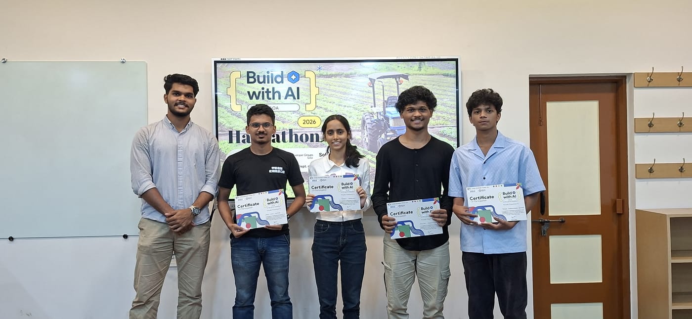 Jared Furtado and teammates holding certificates of participation at the Build with AI 2026 AgriTech hackathon organised by GDG Goa
