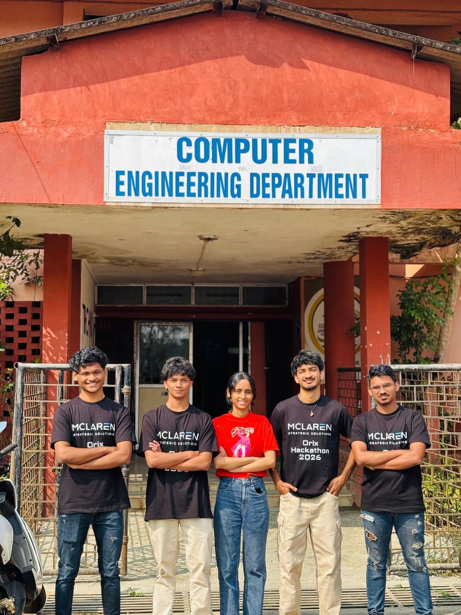 Jared Furtado's hackathon team Qbits, five members standing outside a Computer Engineering Department building, four wearing Orix Hackathon 2026 T-shirts